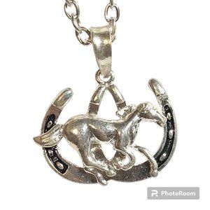 Horse Necklace Mustang Horseshoe Silver Plated Cowgirl Country Western 18-20"